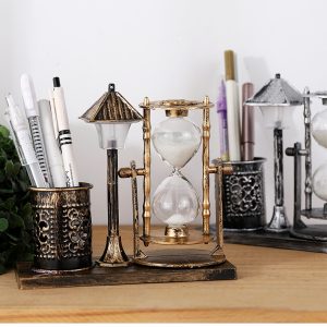 Multi-Ourpose Night Light Pen Holders Ornaments Retro Sandglass Pen Holder Case Office Home Desk Stationery Organizer Decoration
