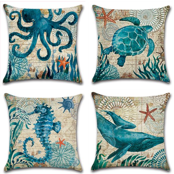 Blue Wind Sea Life Linen Pillowcase - Image 7