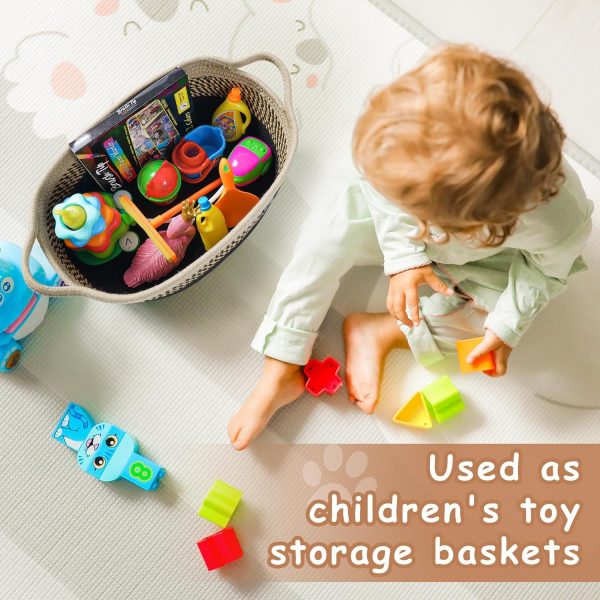 Small Woven Baskets For Organizing Rope Storage Basket With Handle Cute Cotton Nursery Gift Dog Toy Bins Organizer-Light Beige - Image 4