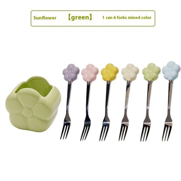 Creative SUNFLOWER Stainless Steel Fruit Fork Ceramic Storage Tank Kitchen Gadgets - Image 6