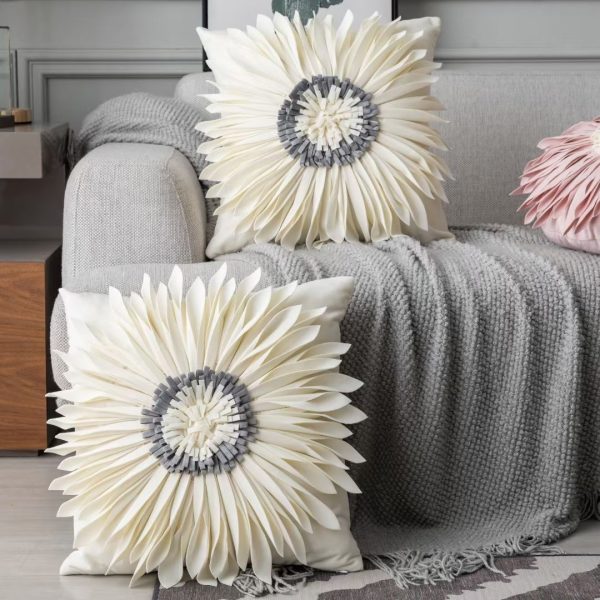 Fashion Modern Style White Throw Pillows Velvet Stitching 3D Chrysanthemum Cushion Waist Pillow Blue Cushion Case - Image 4